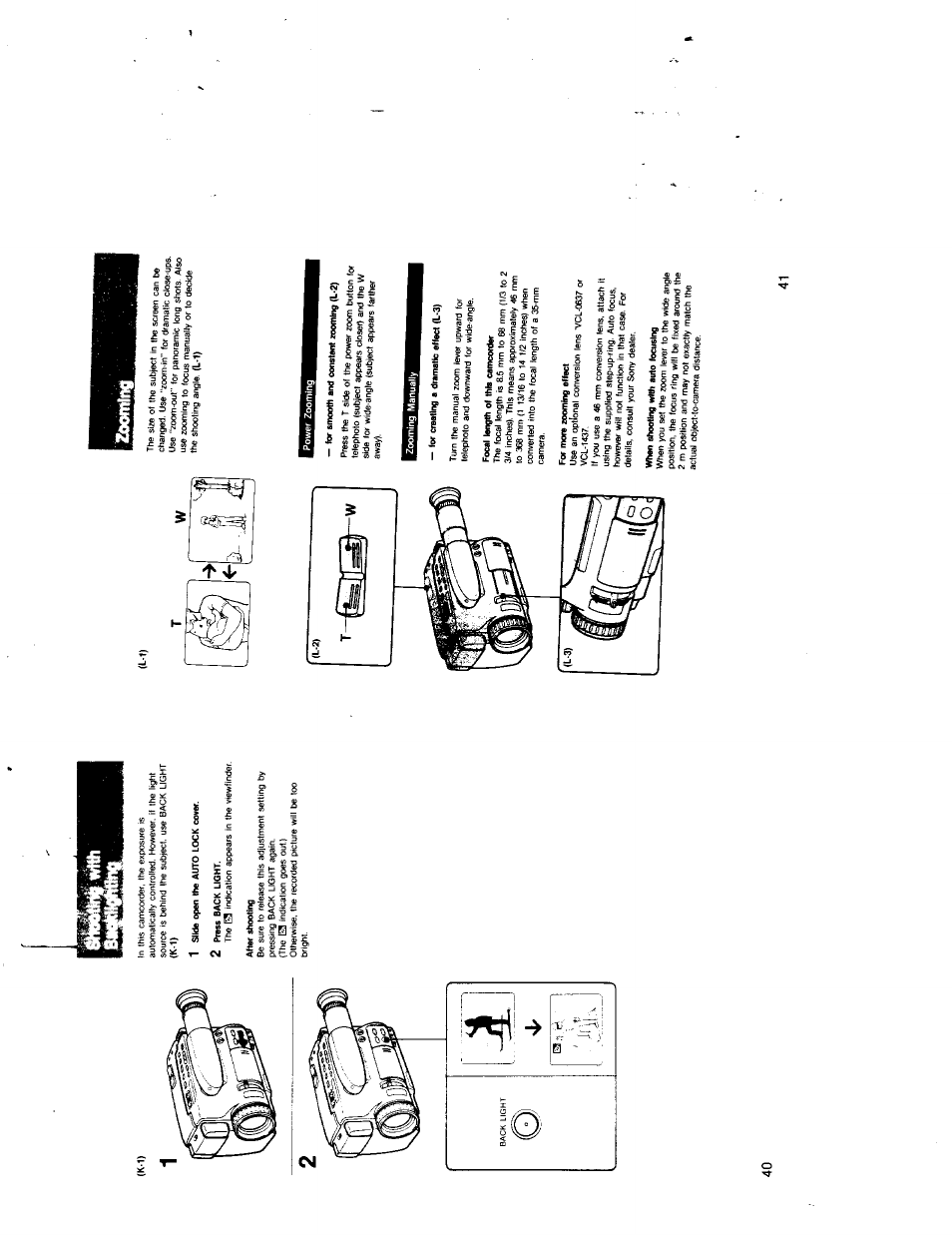 1 slide open llte auto lock cover, 2 press back light, Aher shooting | L-t), Zooming, For creating a dramatic effect (l-3), Focal length of thfs camcorder, For more zooming effect, When shooting with airto focusing | Sony CCD-TR7 User Manual | Page 20 / 35