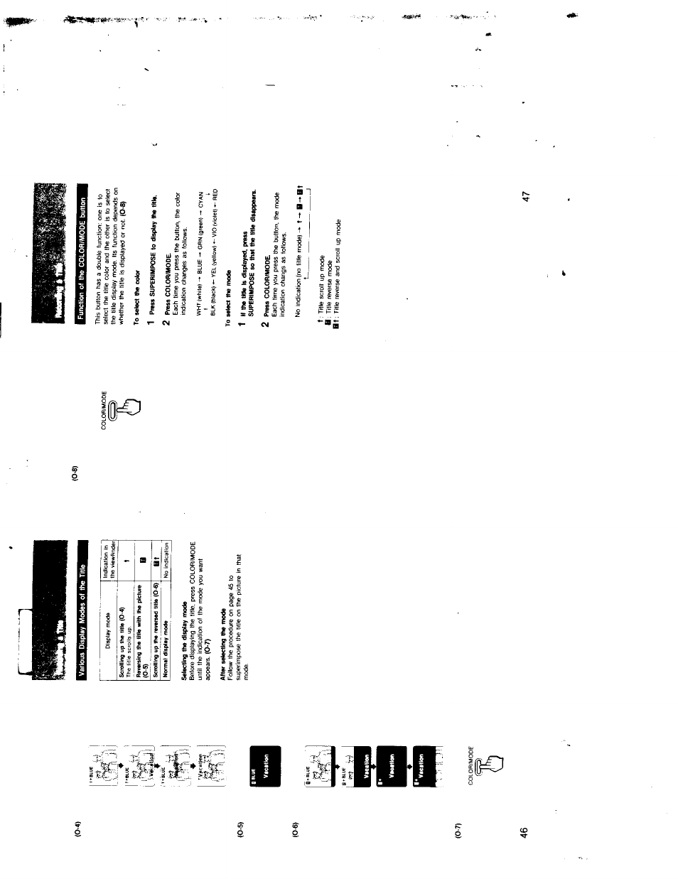 Selecting the display mode, After selecting the mode, To select the color | 1 press superimpose to display the title, 2 press color/mode | Sony CCD-TR7 User Manual | Page 23 / 35