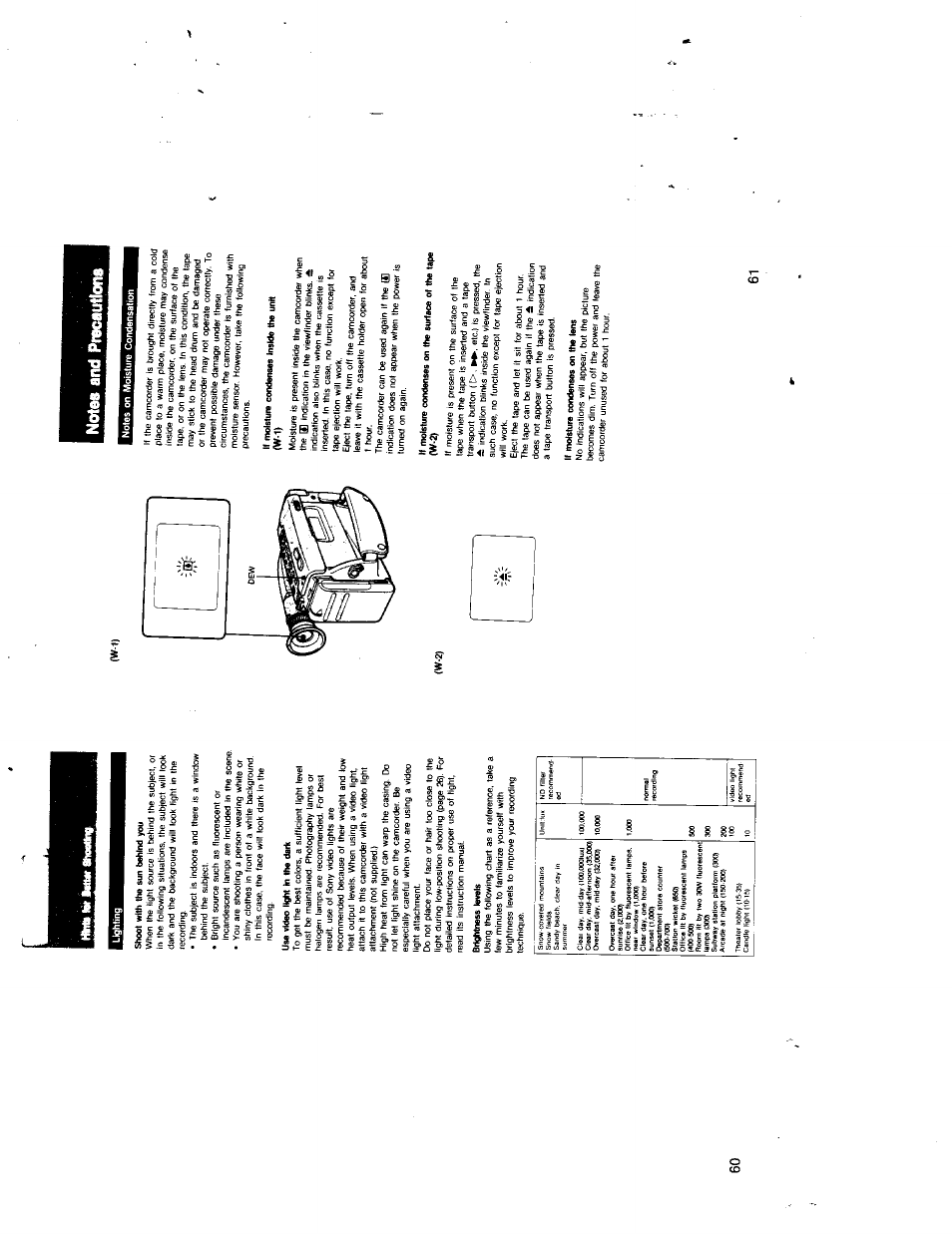Shoot with the sun behind you, Use video ughl tn the dark, Notes and precautions | W-1), Moisture condensation, If molstuie condenses inside the unit (w-1), If moisture condenses on the lens | Sony CCD-TR7 User Manual | Page 30 / 35