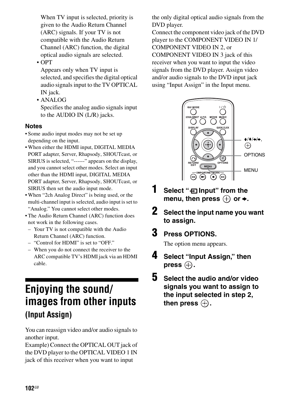 Enjoying the sound/images from other inputs, Input assign), Enjoying the sound/ images from other inputs | Sony STR-DA4600ES User Manual | Page 102 / 170