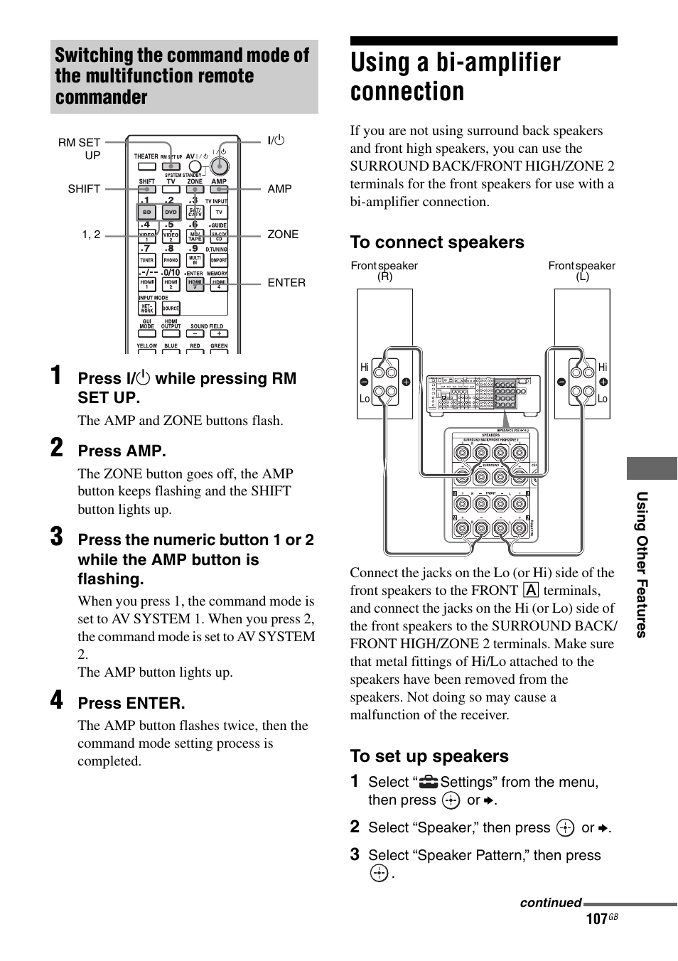 Using a bi-amplifier connection | Sony STR-DA4600ES User Manual | Page 107 / 170