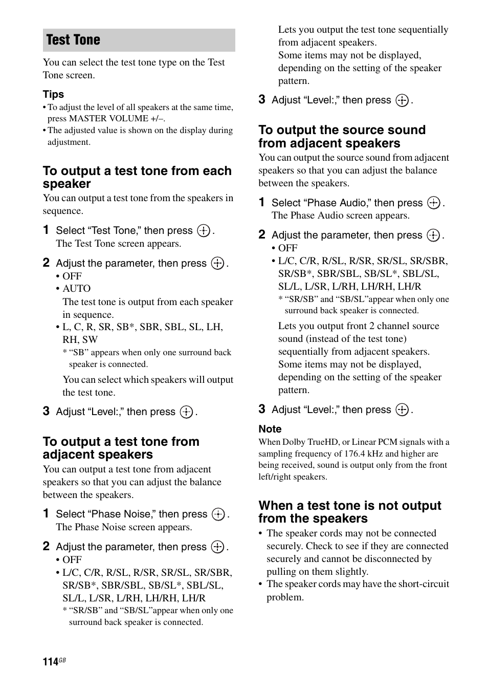 Test tone, When a test tone is not output from the speakers | Sony STR-DA4600ES User Manual | Page 114 / 170