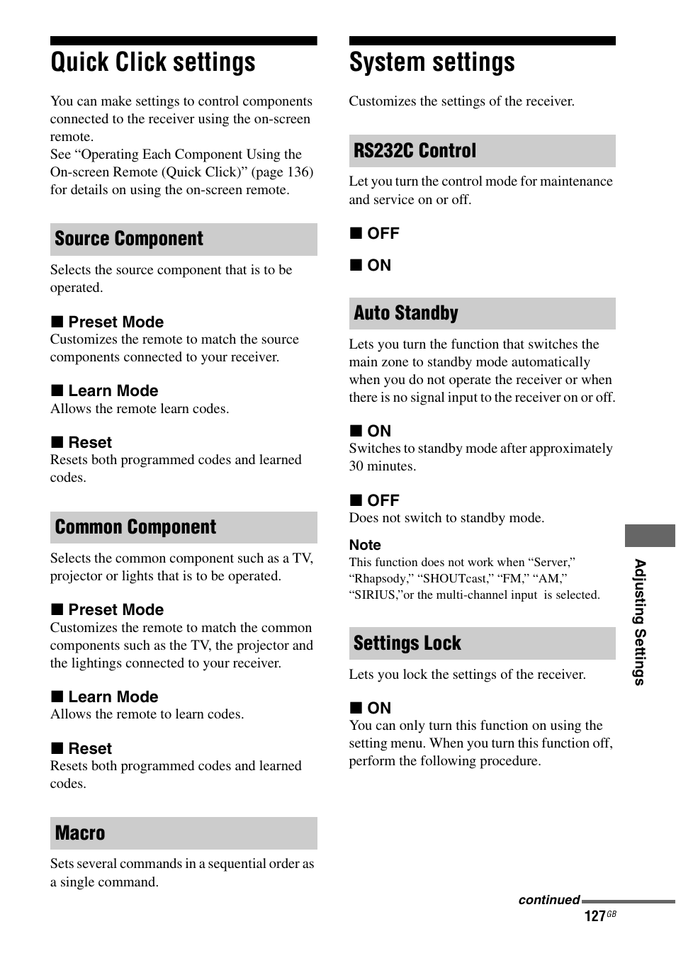 Quick click settings, System settings, Quick click settings system settings | Sony STR-DA4600ES User Manual | Page 127 / 170
