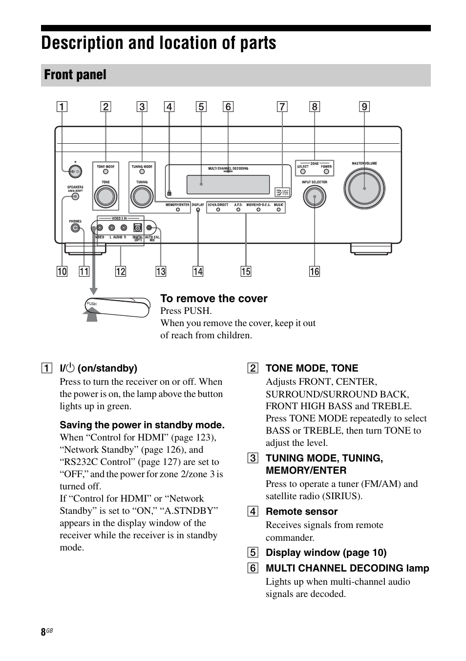 Description and location of parts, Front panel | Sony STR-DA4600ES User Manual | Page 8 / 170