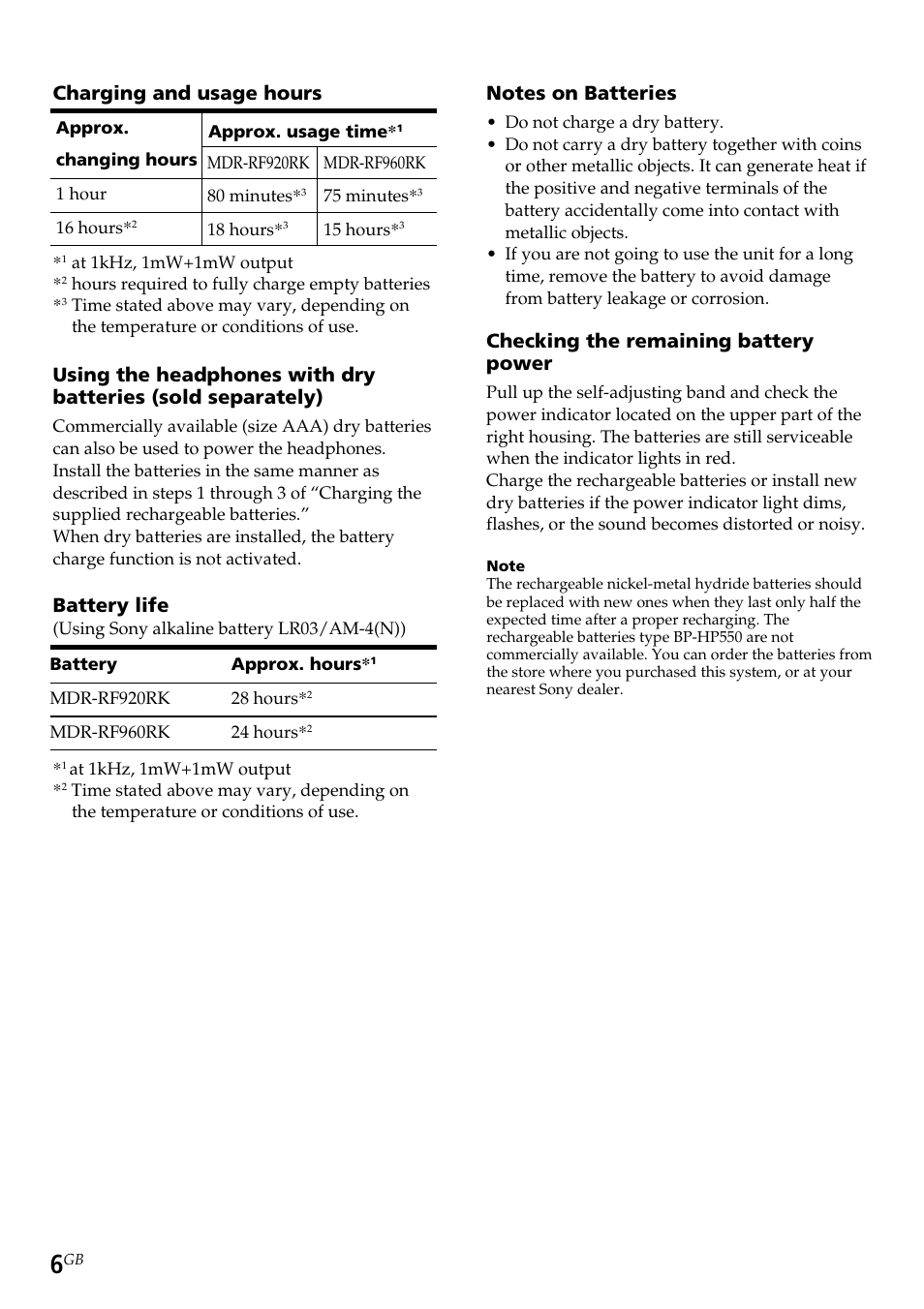 Charging and usage hours, Battery life, Checking the remaining battery power | Sony TMR-RF960R User Manual | Page 6 / 40