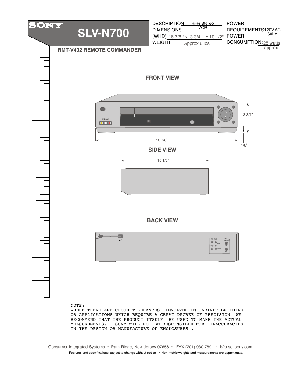 Sony SLV-N700 User Manual | 1 page
