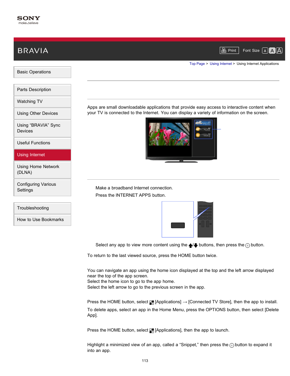 Using internet applications, Internet apps | Sony XBR-65HX950 User Manual | Page 113 / 194