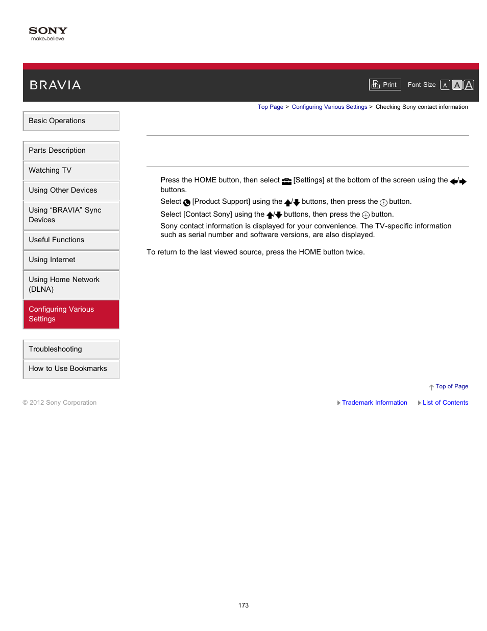 Checking sony contact information | Sony XBR-65HX950 User Manual | Page 173 / 194