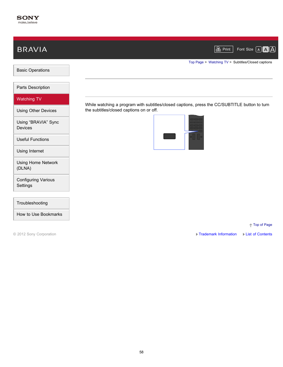 Subtitles/closed captions, Cc/subtitle | Sony XBR-65HX950 User Manual | Page 58 / 194