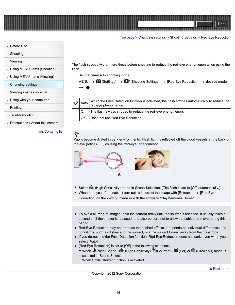 Red eye reduction, Cyber-shot user guide | Sony DSC-W630 User Manual | Page 115 / 186