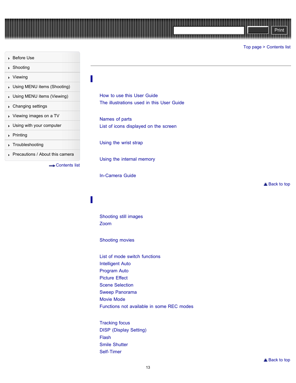 Contents list | Sony DSC-W630 User Manual | Page 13 / 186