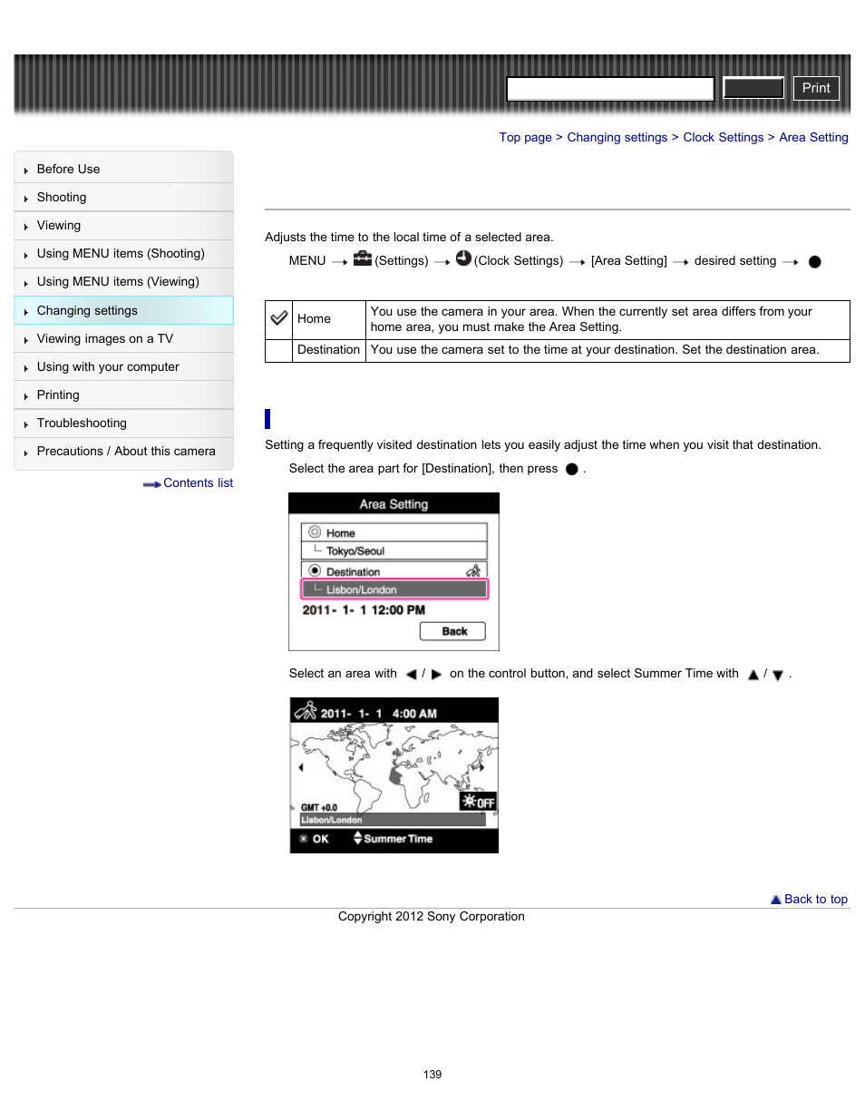 Area setting, Cyber-shot user guide | Sony DSC-W630 User Manual | Page 139 / 186