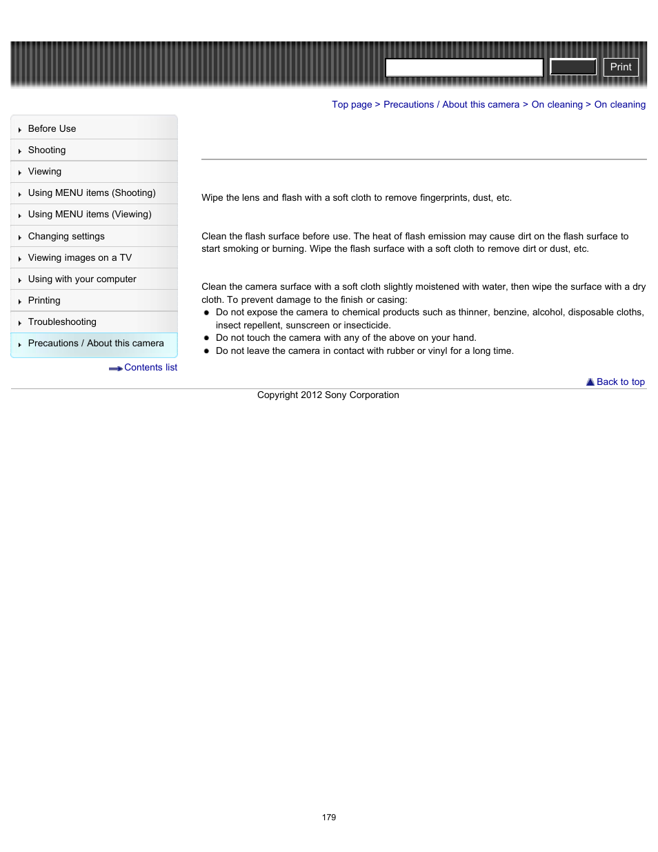 On cleaning, Cyber-shot user guide | Sony DSC-W630 User Manual | Page 179 / 186