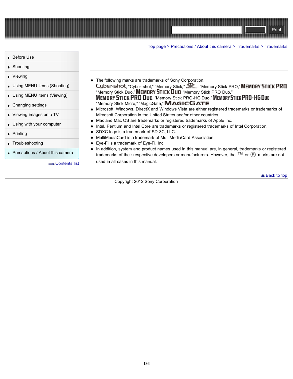Trademarks, Cyber-shot user guide | Sony DSC-W630 User Manual | Page 186 / 186