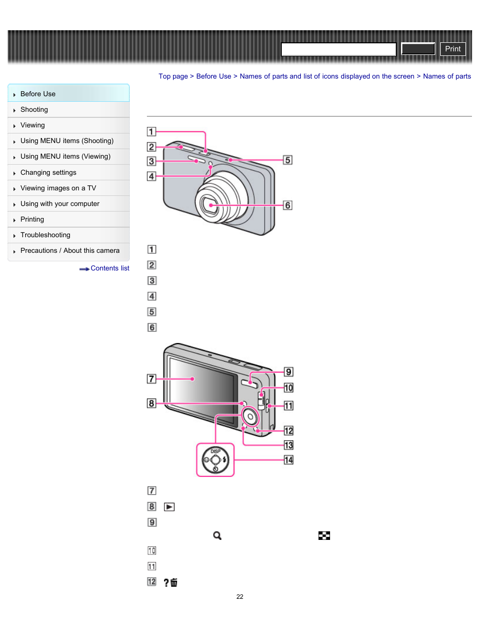 Names of parts, Cyber-shot user guide | Sony DSC-W630 User Manual | Page 22 / 186