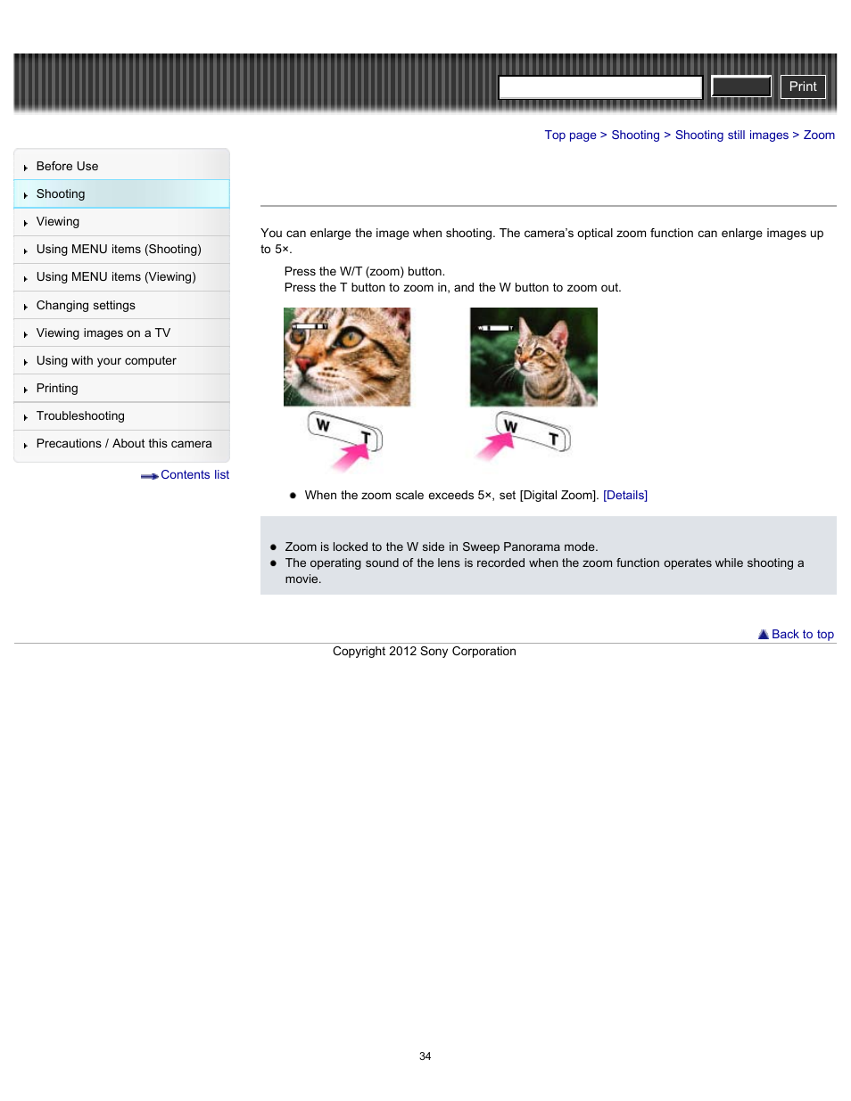 Zoom, Cyber-shot user guide | Sony DSC-W630 User Manual | Page 34 / 186