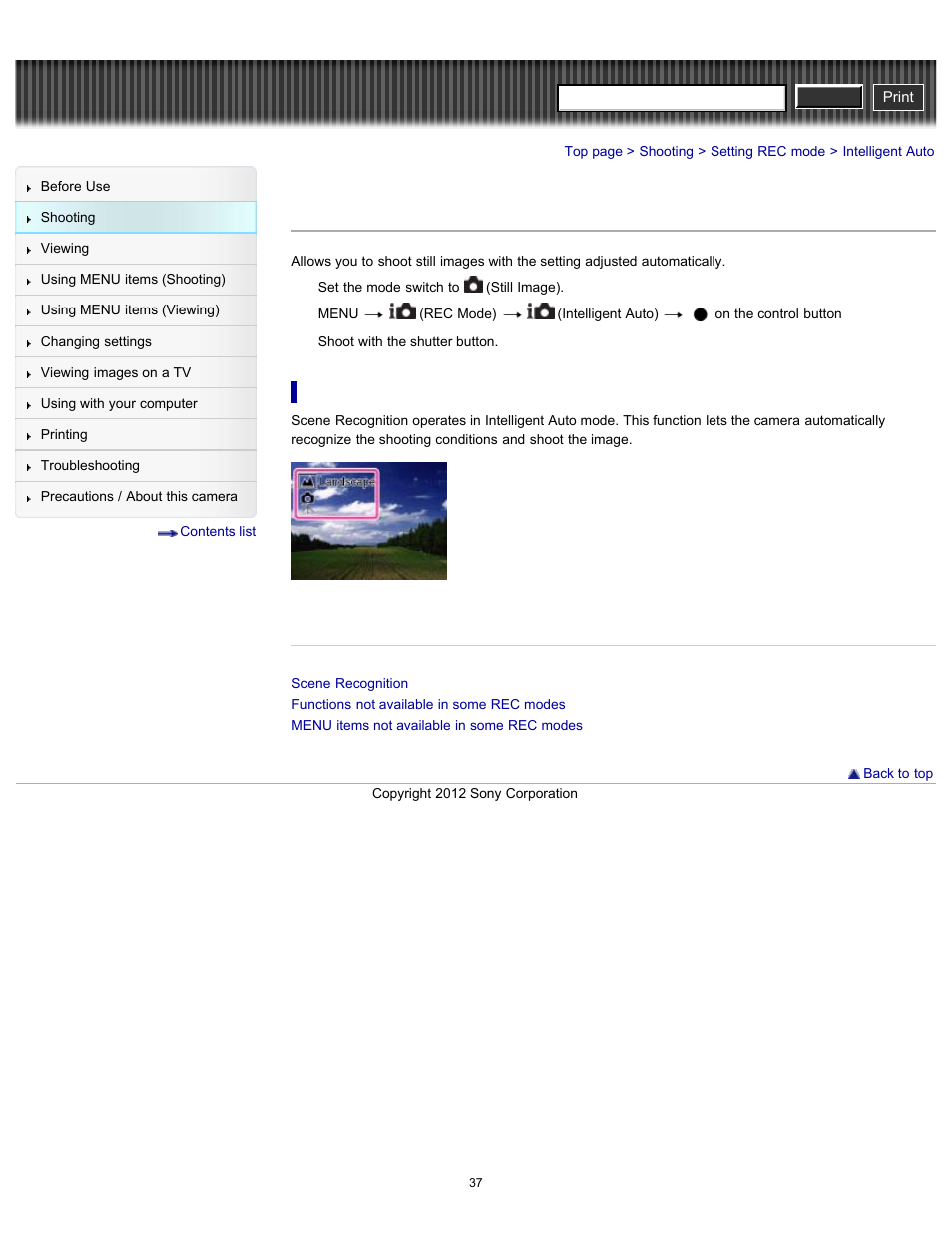 Intelligent auto, Cyber-shot user guide | Sony DSC-W630 User Manual | Page 37 / 186