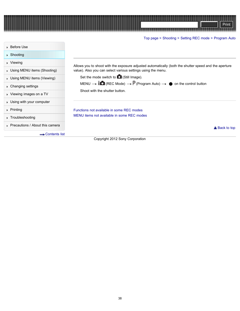 Program auto, Cyber-shot user guide | Sony DSC-W630 User Manual | Page 38 / 186