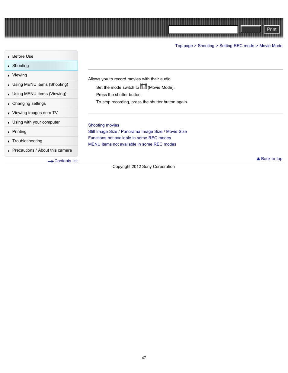 Movie mode, Cyber-shot user guide | Sony DSC-W630 User Manual | Page 47 / 186