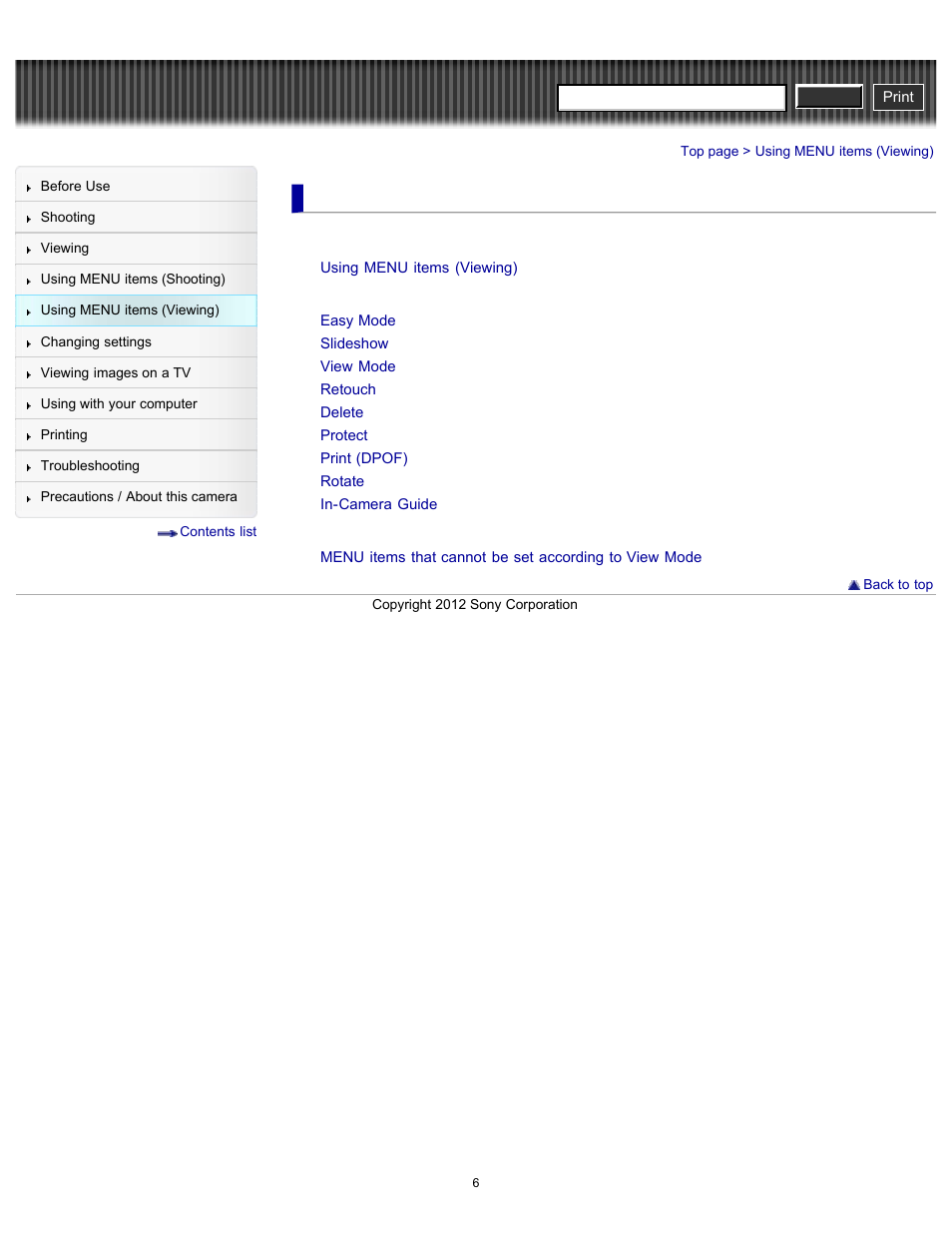 Using menu items (viewing), Cyber-shot user guide | Sony DSC-W630 User Manual | Page 6 / 186