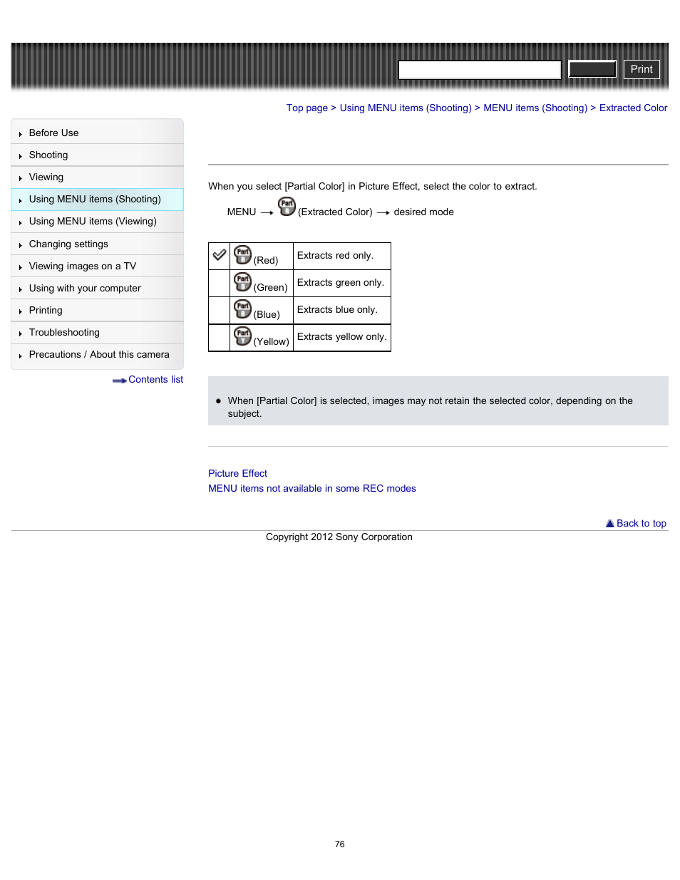 Extracted color, Cyber-shot user guide | Sony DSC-W630 User Manual | Page 76 / 186