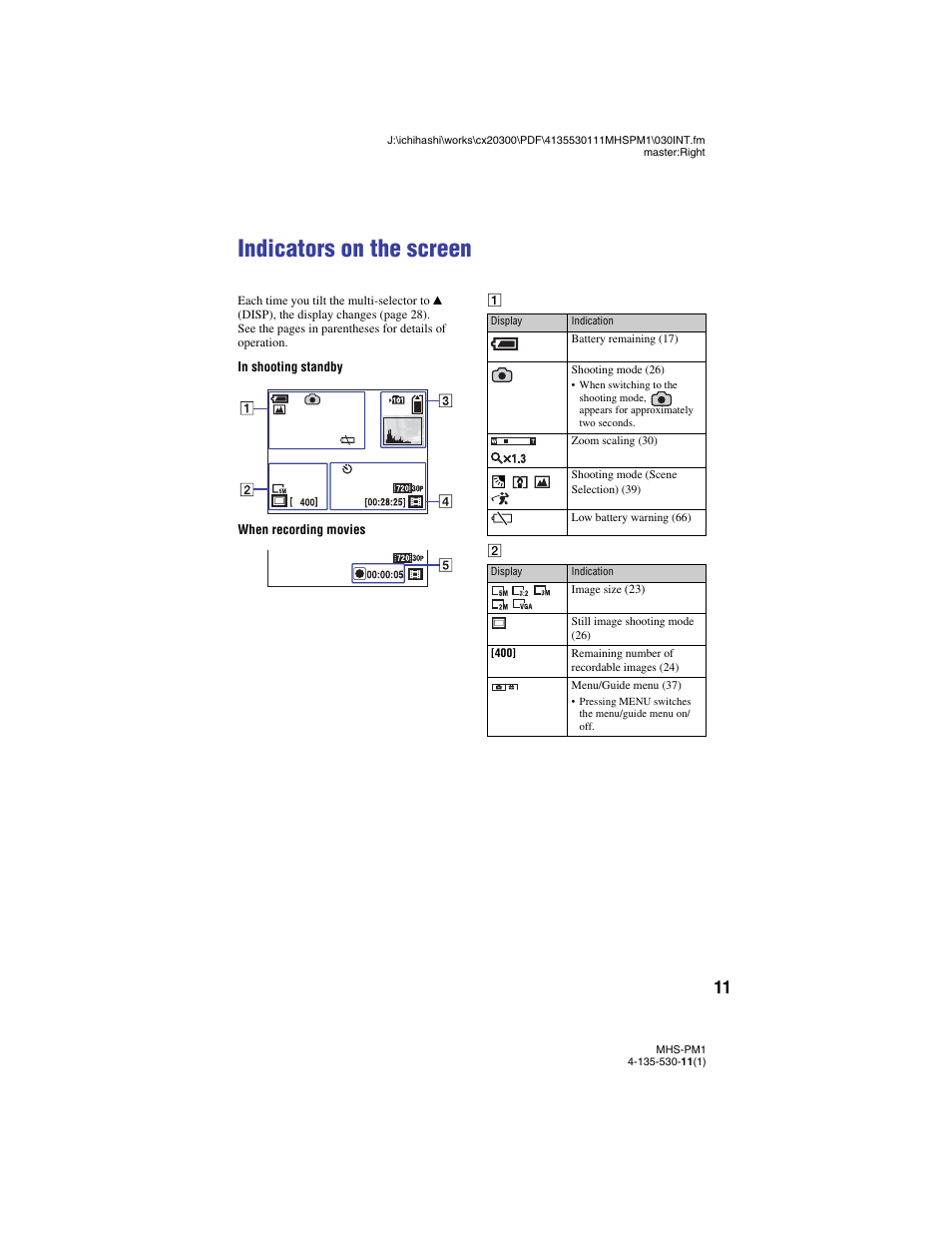 Indicators on the screen | Sony bloggie  MHS-PM1 User Manual | Page 11 / 75