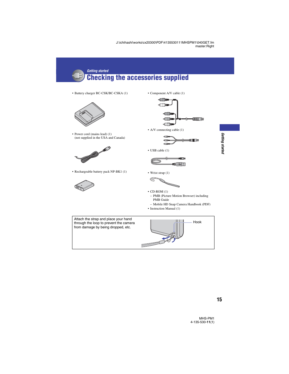 Checking the accessories supplied, Getting started | Sony bloggie  MHS-PM1 User Manual | Page 15 / 75