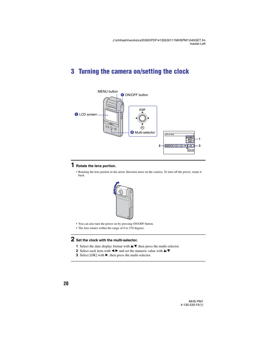 3 turning the camera on/setting the clock, Tton (20) | Sony bloggie  MHS-PM1 User Manual | Page 20 / 75