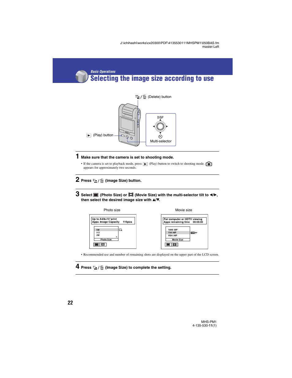 Selecting the image size according to use, Basic operations | Sony bloggie  MHS-PM1 User Manual | Page 22 / 75