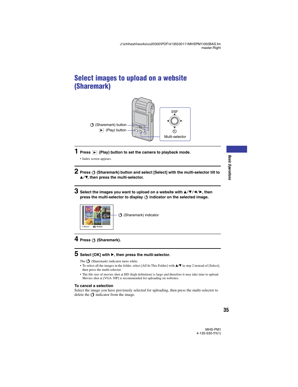 Select images to upload on a website (sharemark), Tton (35), K (35) | Sony bloggie  MHS-PM1 User Manual | Page 35 / 75