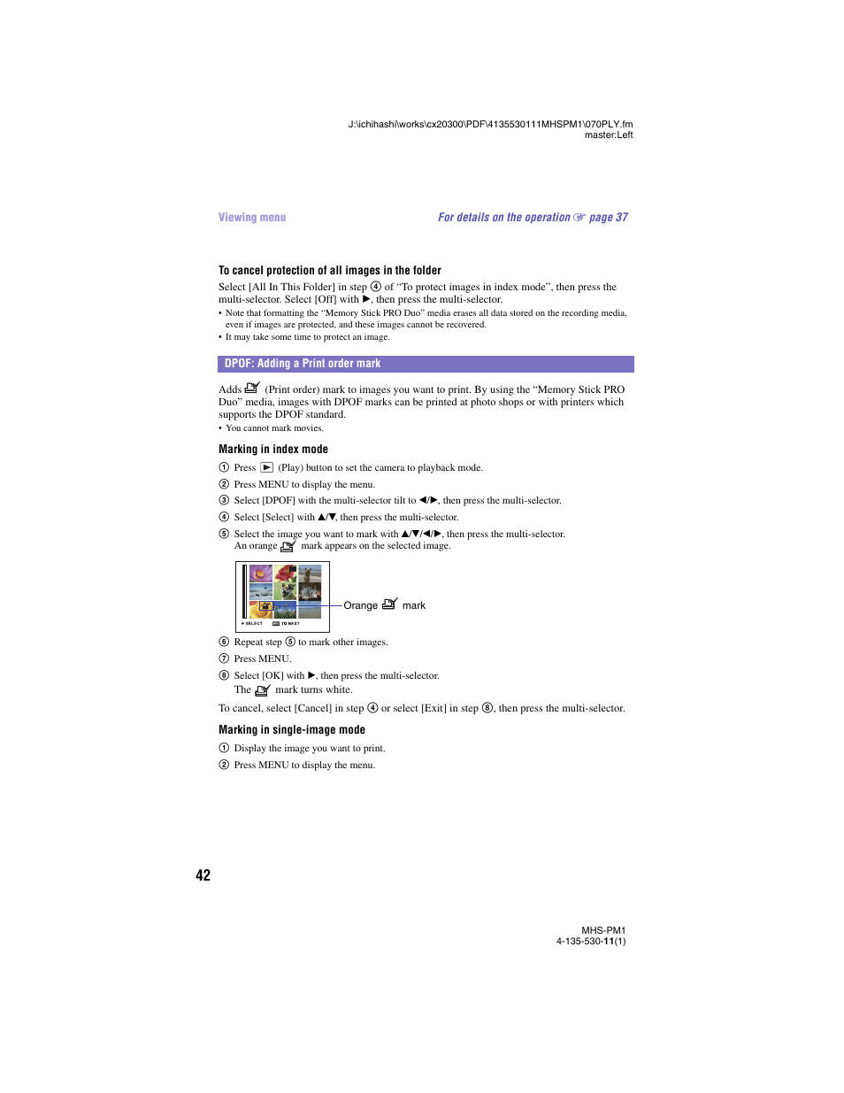 Dpof: adding a print order mark | Sony bloggie  MHS-PM1 User Manual | Page 42 / 75