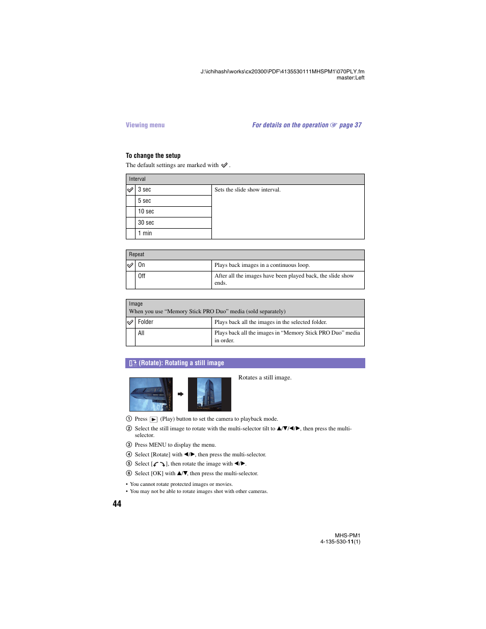 Rotate): rotating a still image | Sony bloggie  MHS-PM1 User Manual | Page 44 / 75