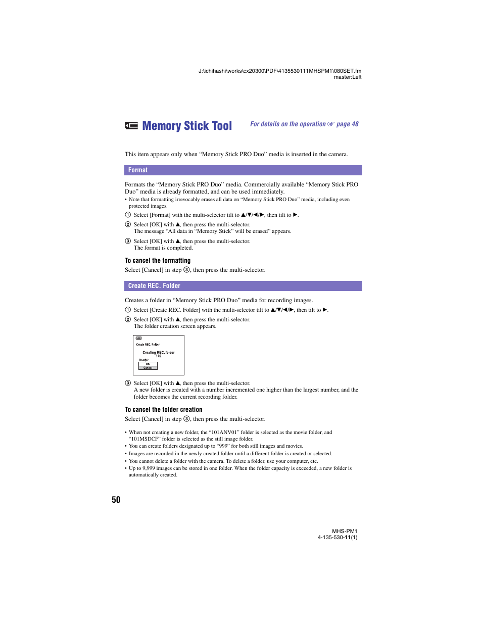 Memory stick tool, Format, Create rec. folder | Format create rec. folder, S (50) | Sony bloggie  MHS-PM1 User Manual | Page 50 / 75