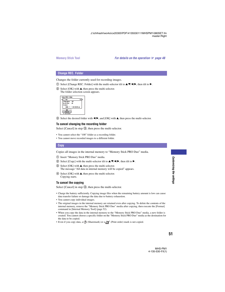 Change rec. folder, Copy, Change rec. folder copy | Sony bloggie  MHS-PM1 User Manual | Page 51 / 75