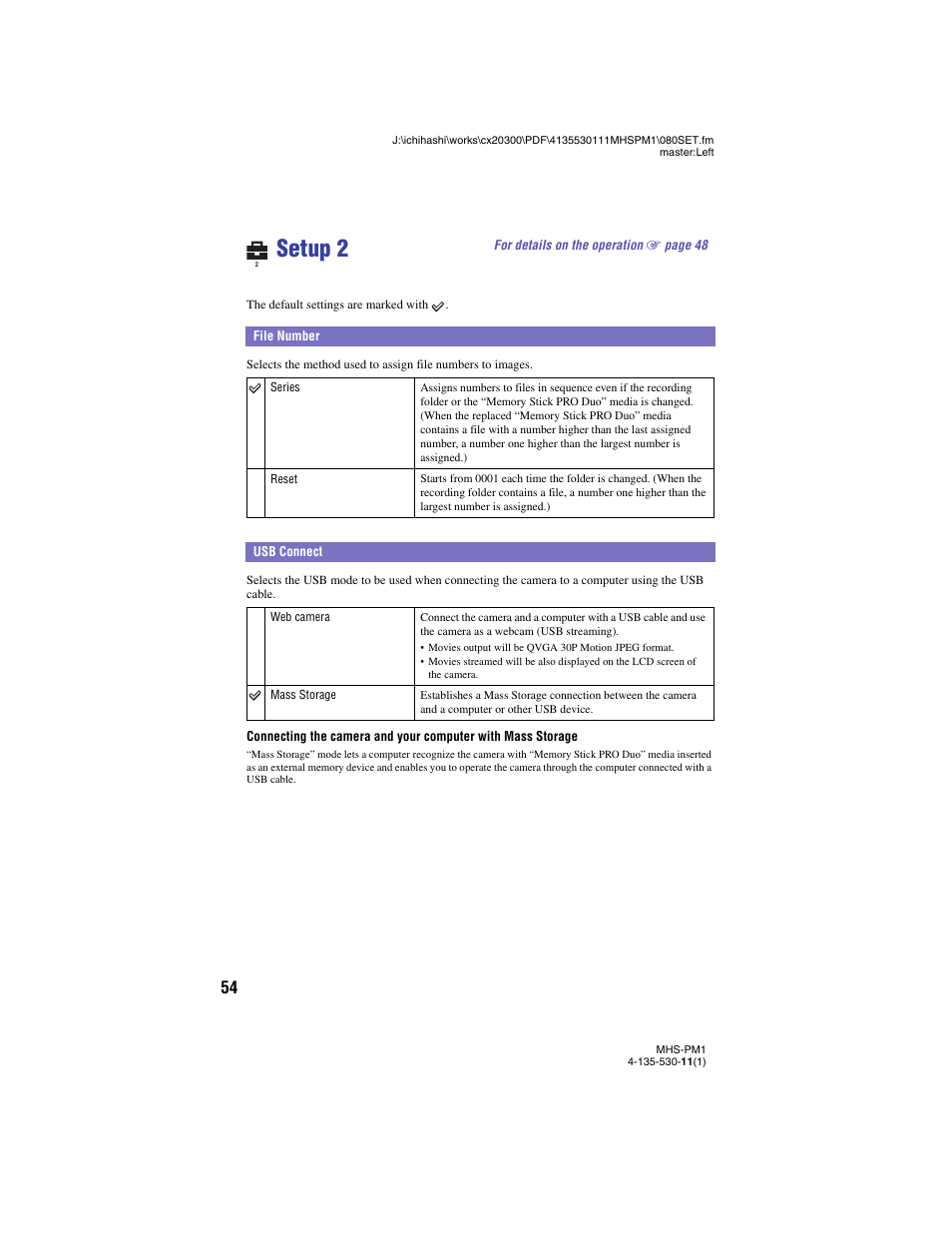 Setup 2, File number, Usb connect | File number usb connect | Sony bloggie  MHS-PM1 User Manual | Page 54 / 75