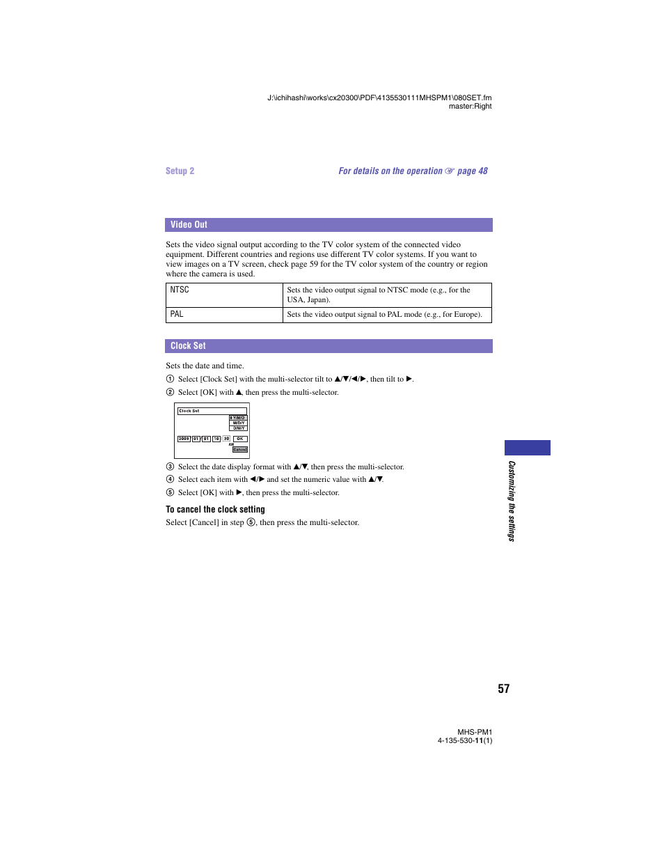 Video out, Clock set, Video out clock set | Sony bloggie  MHS-PM1 User Manual | Page 57 / 75