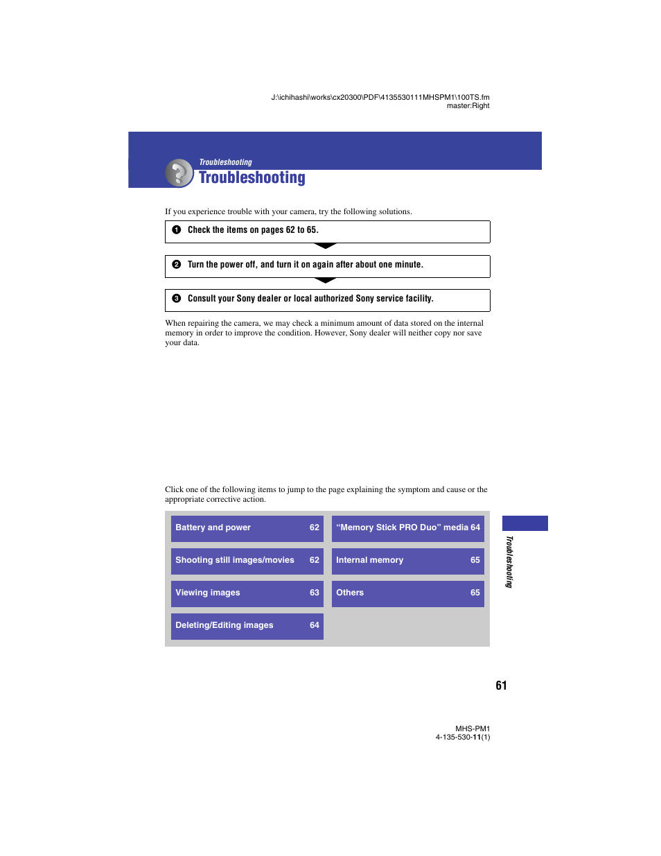 Troubleshooting | Sony bloggie  MHS-PM1 User Manual | Page 61 / 75