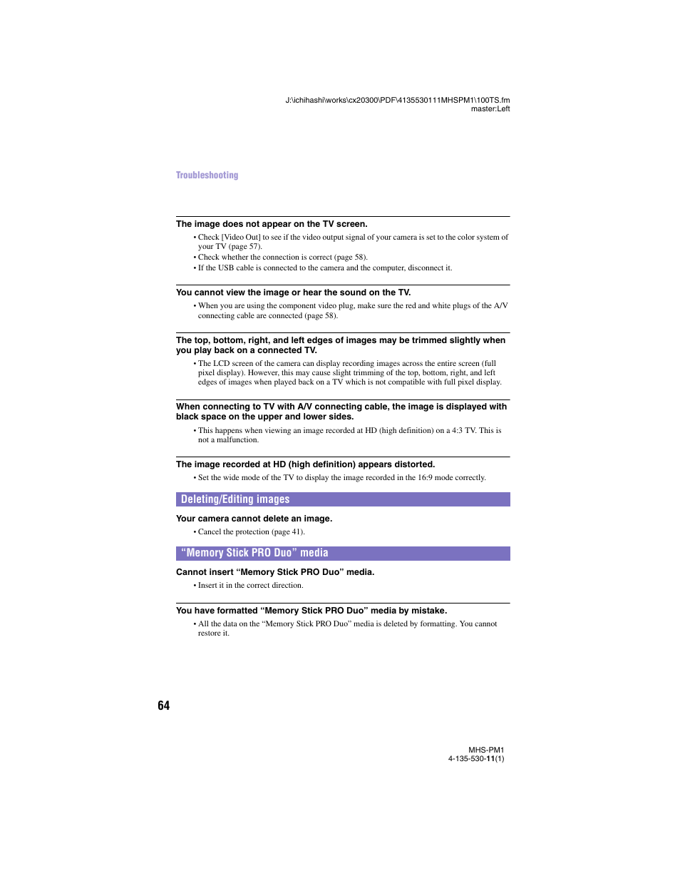 Deleting/editing images, Memory stick pro duo” media 64 | Sony bloggie  MHS-PM1 User Manual | Page 64 / 75