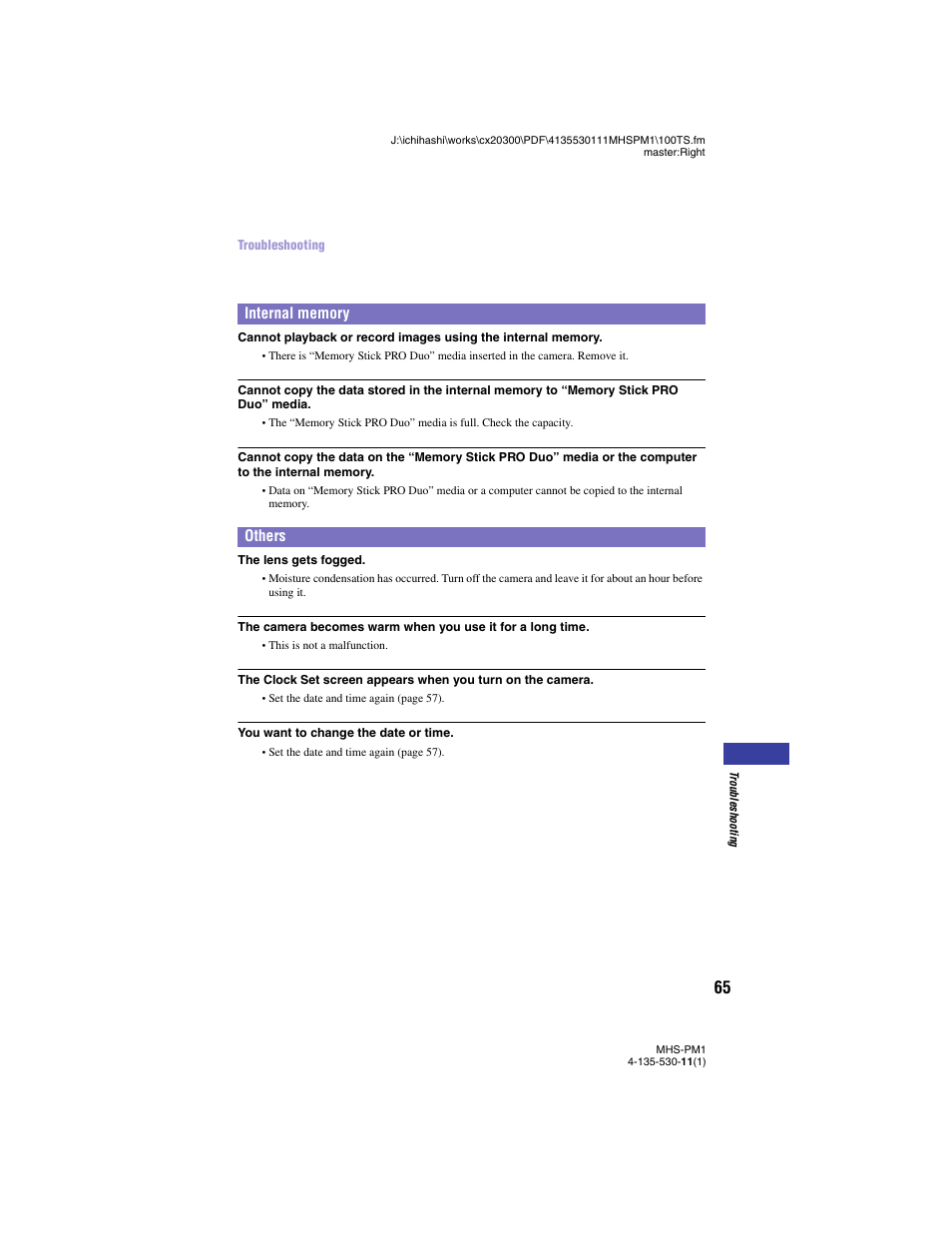 To 65, Internal memory, Others | Sony bloggie  MHS-PM1 User Manual | Page 65 / 75