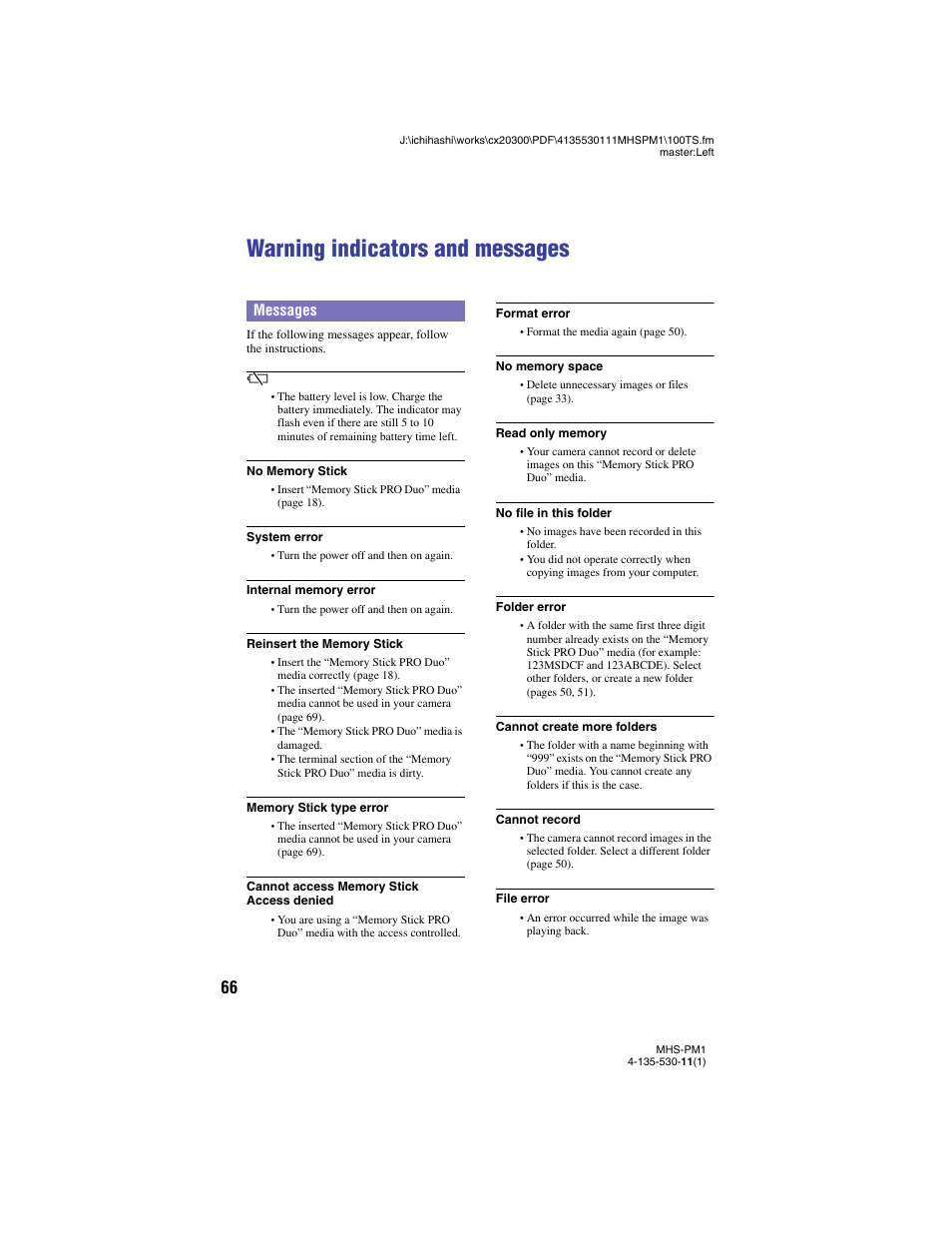 Warning indicators and messages, G (66), Messages | Sony bloggie  MHS-PM1 User Manual | Page 66 / 75