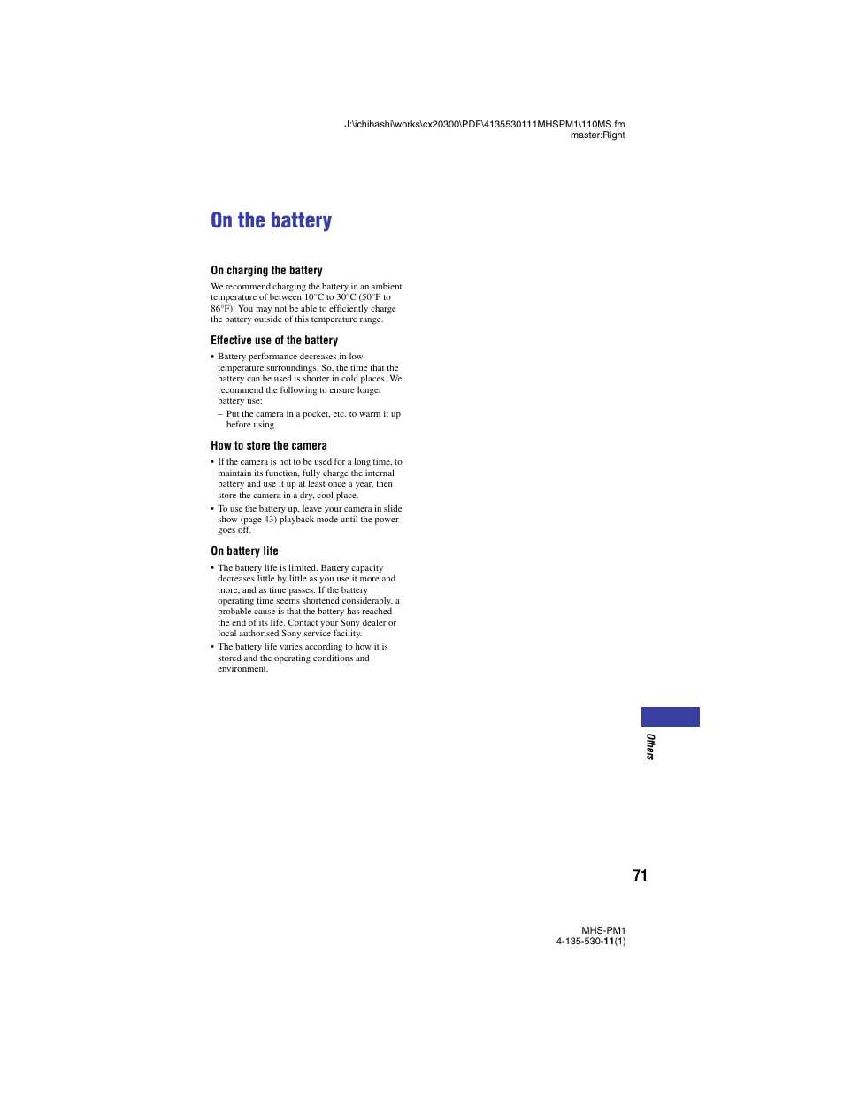 On the battery | Sony bloggie  MHS-PM1 User Manual | Page 71 / 75