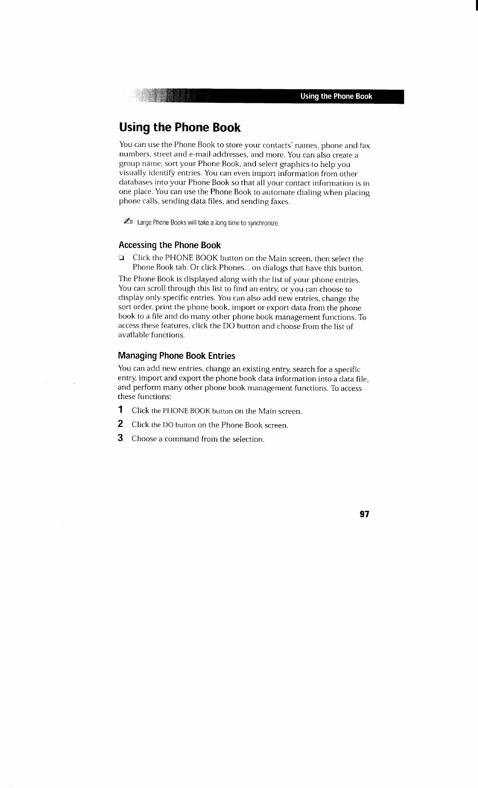 Using the phone book, Accessing the phone book, Managing phone book entries | Sony PCV-230 User Manual | Page 105 / 164