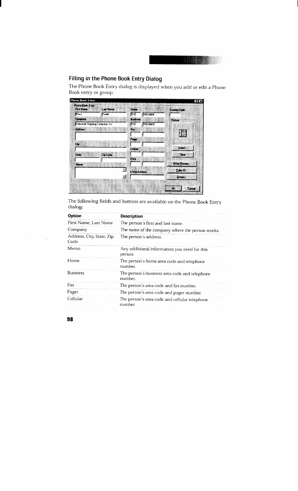 Filling in the phone book entry dialog | Sony PCV-230 User Manual | Page 106 / 164