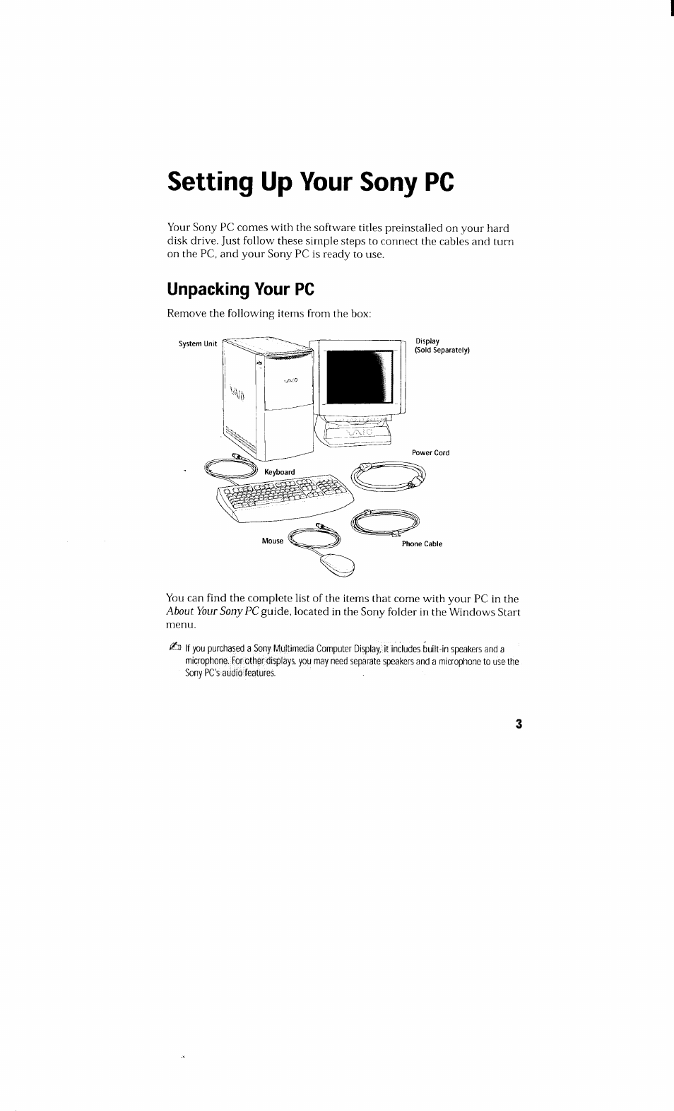 Setting up your sony pc, Unpacking your pc | Sony PCV-230 User Manual | Page 11 / 164
