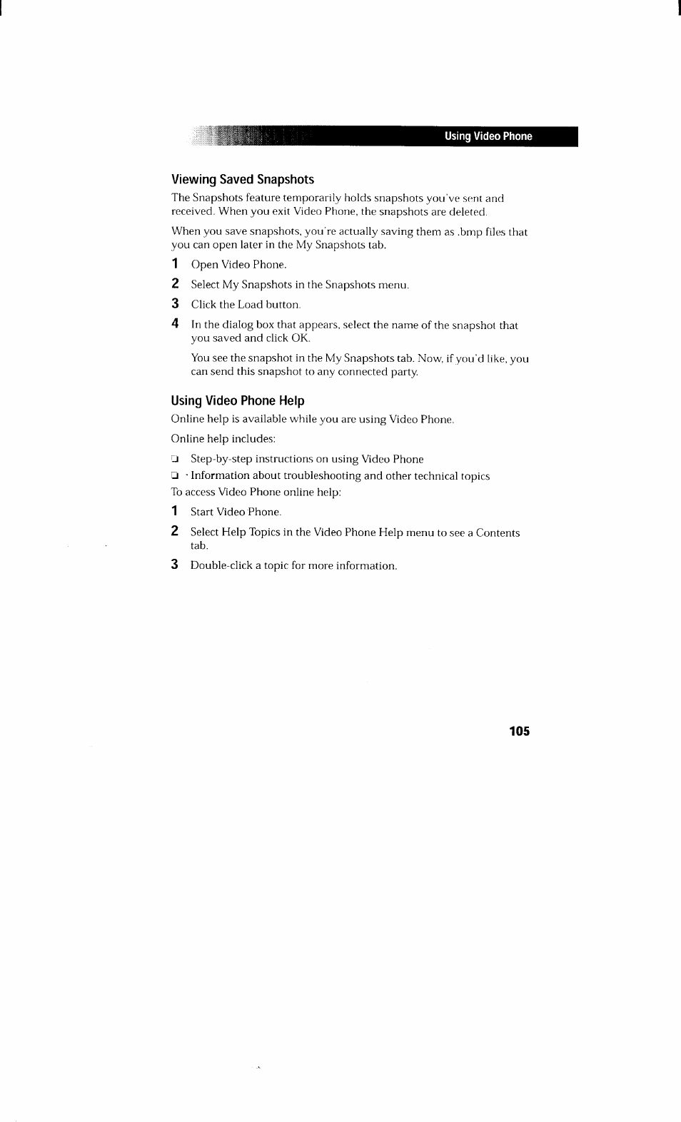 Viewing saved snapshots, Using video phone help, Viewing saved snapshots using video phone help | Sony PCV-230 User Manual | Page 113 / 164