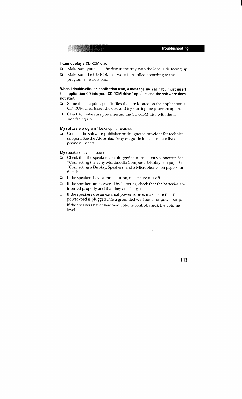 I cannot play a cd-rom disc, My software program "locks up" or crashes, My speakers have no sound | Sony PCV-230 User Manual | Page 121 / 164