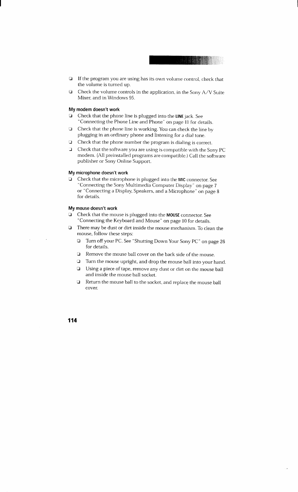My modem doesn't work, My microphone doesn't work, My mouse doesn't work | Sony PCV-230 User Manual | Page 122 / 164