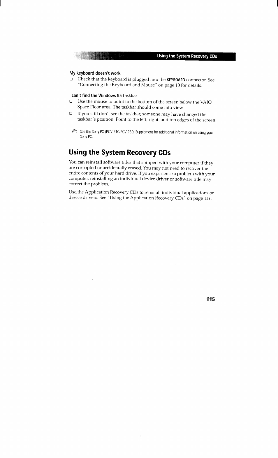 Using the system recovery cds | Sony PCV-230 User Manual | Page 123 / 164