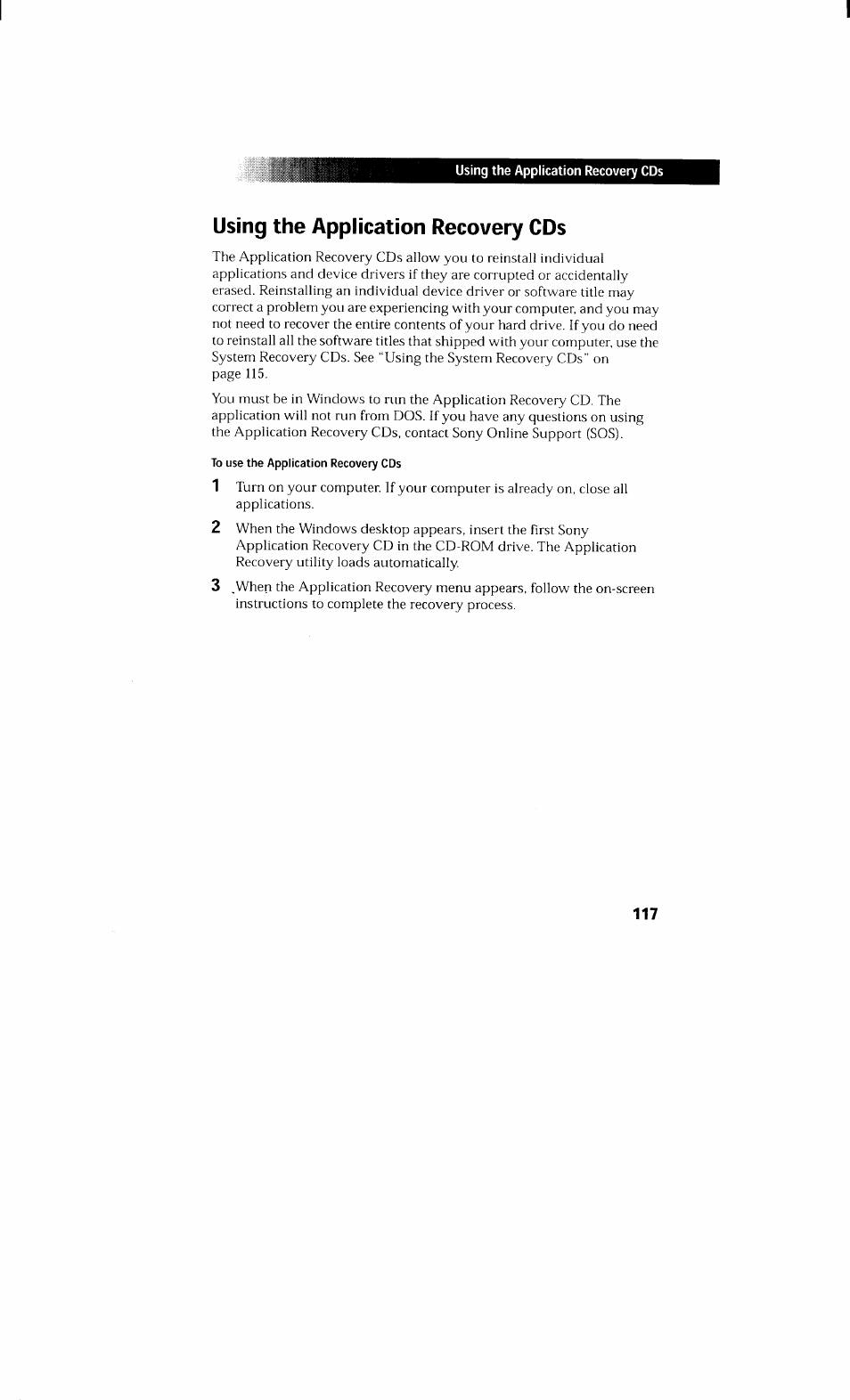 Using the application recovery cds, To use the application recovery cds | Sony PCV-230 User Manual | Page 125 / 164