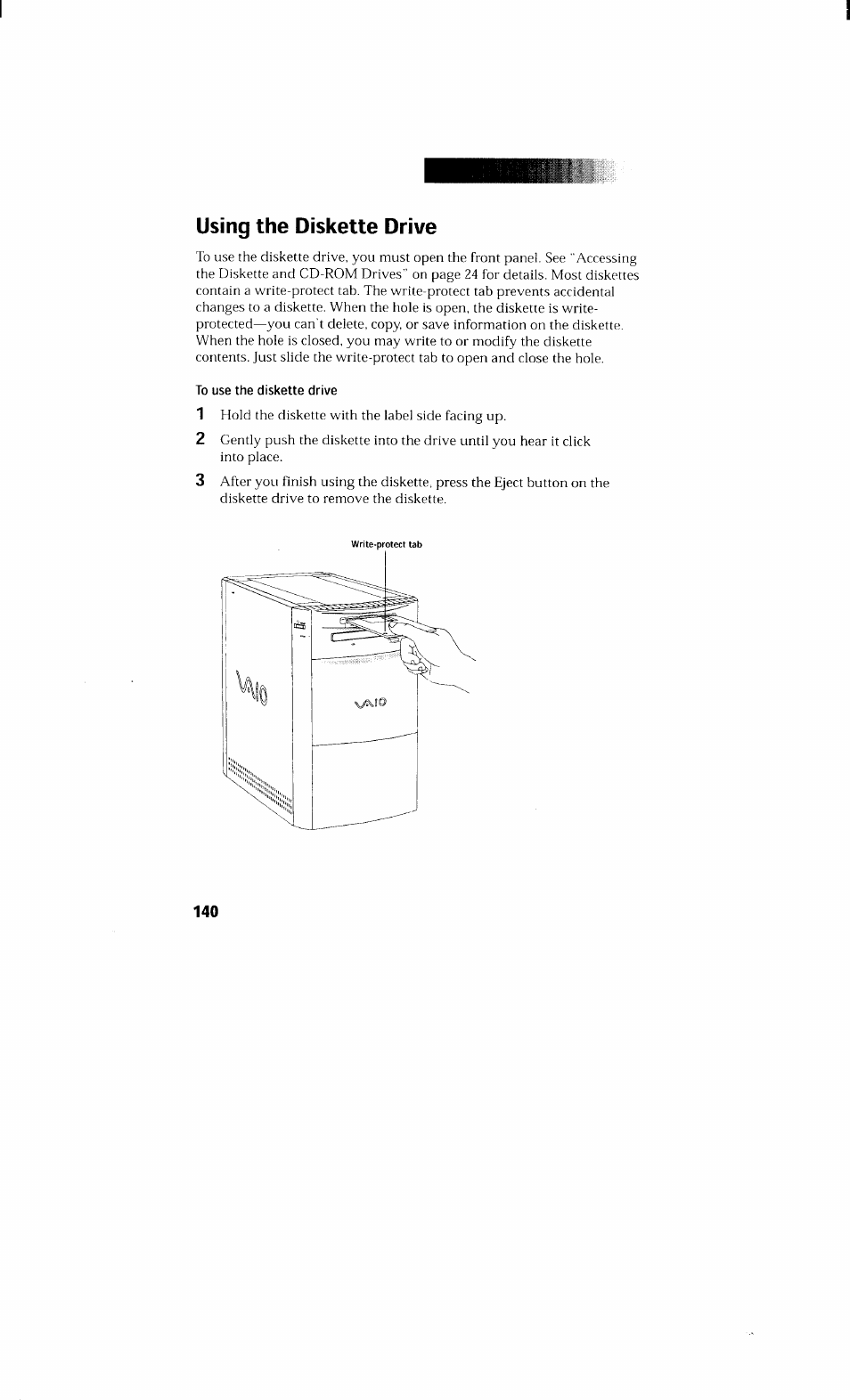 Using the diskette drive | Sony PCV-230 User Manual | Page 148 / 164